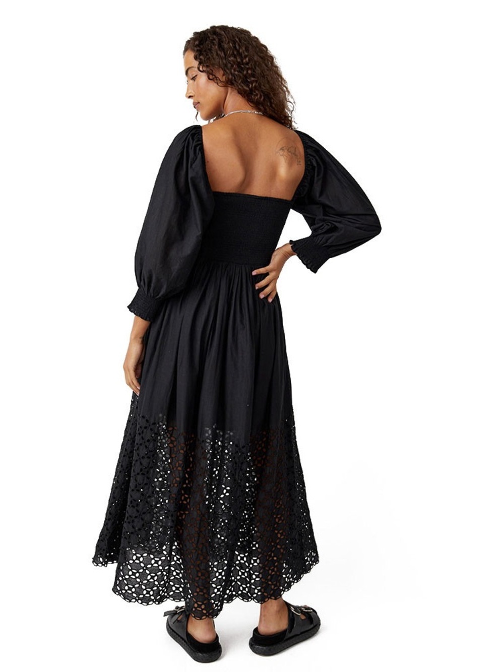 Free People Perfect Storm Midi Dress Puff Sleeve Lace, Black, Small - Picture 5 of 8